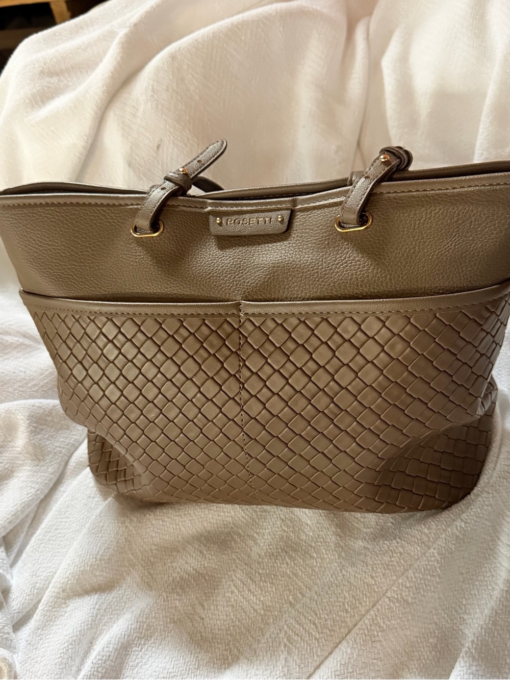 Rosetti Taupe Woven-Panel Tote with Gold Hardware